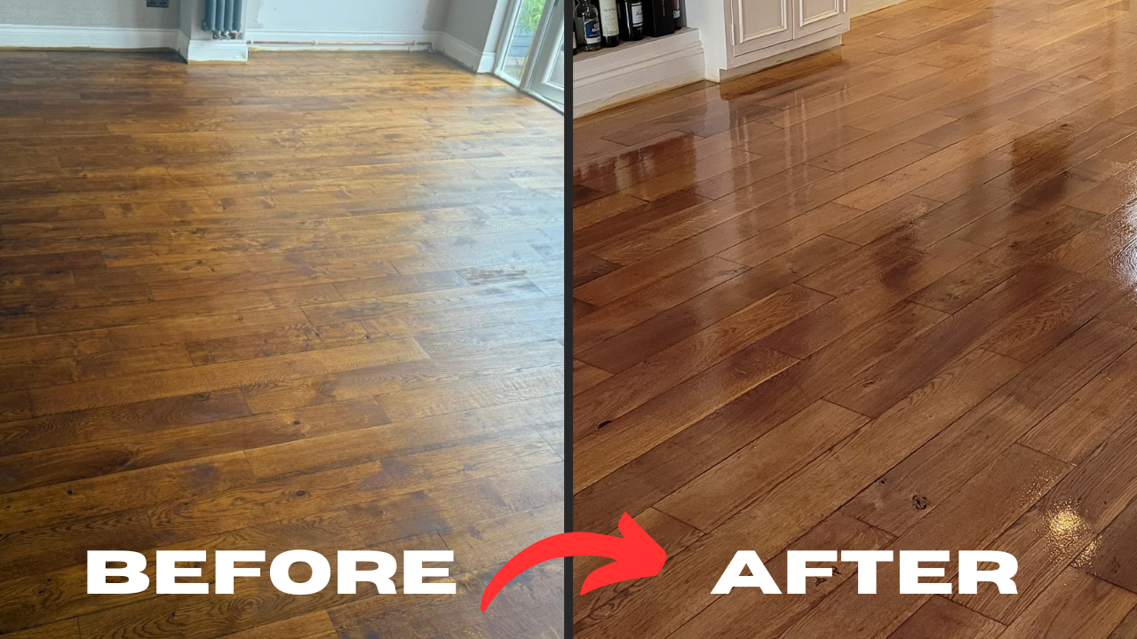 Commercial Floor Sanding in Upminster: before and after transformation of solid oak plank flooring, showing a dull, worn surface restored to a glossy, smooth finish.