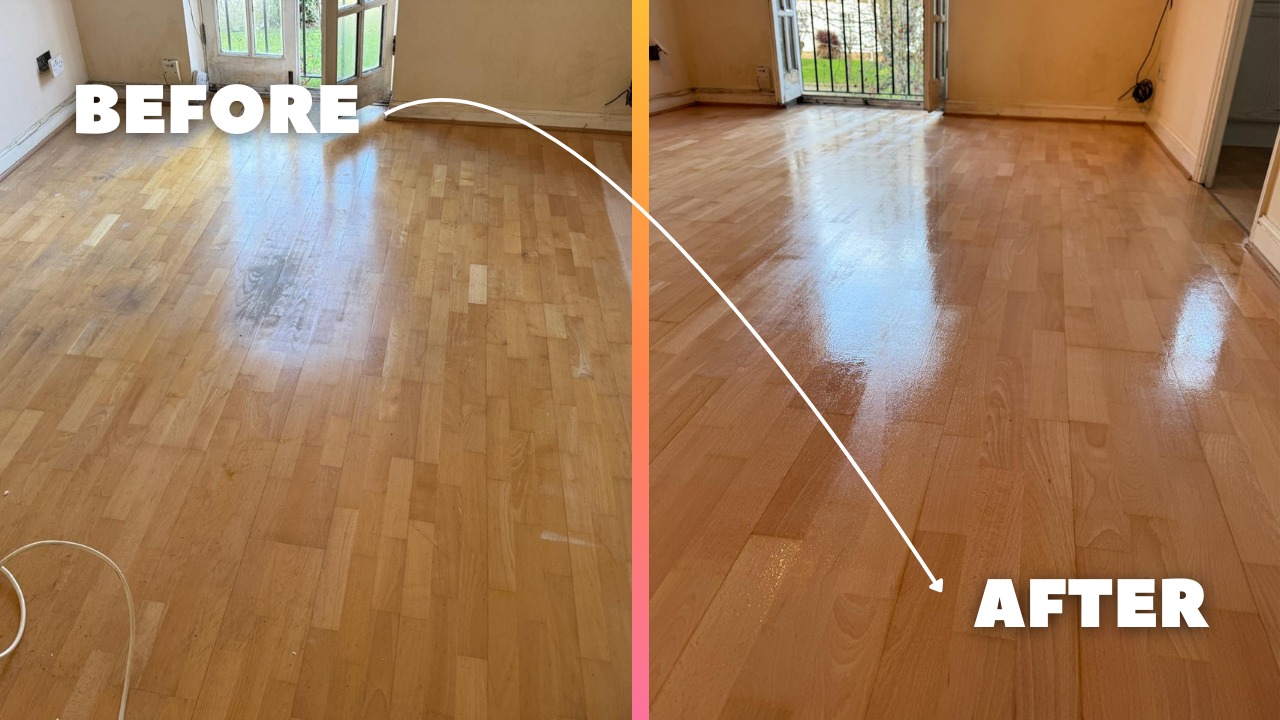 Hardwood Floor Refinishing in Upminster showing before and after of a light oak engineered hardwood living room floor restored to a glossy like-new finish