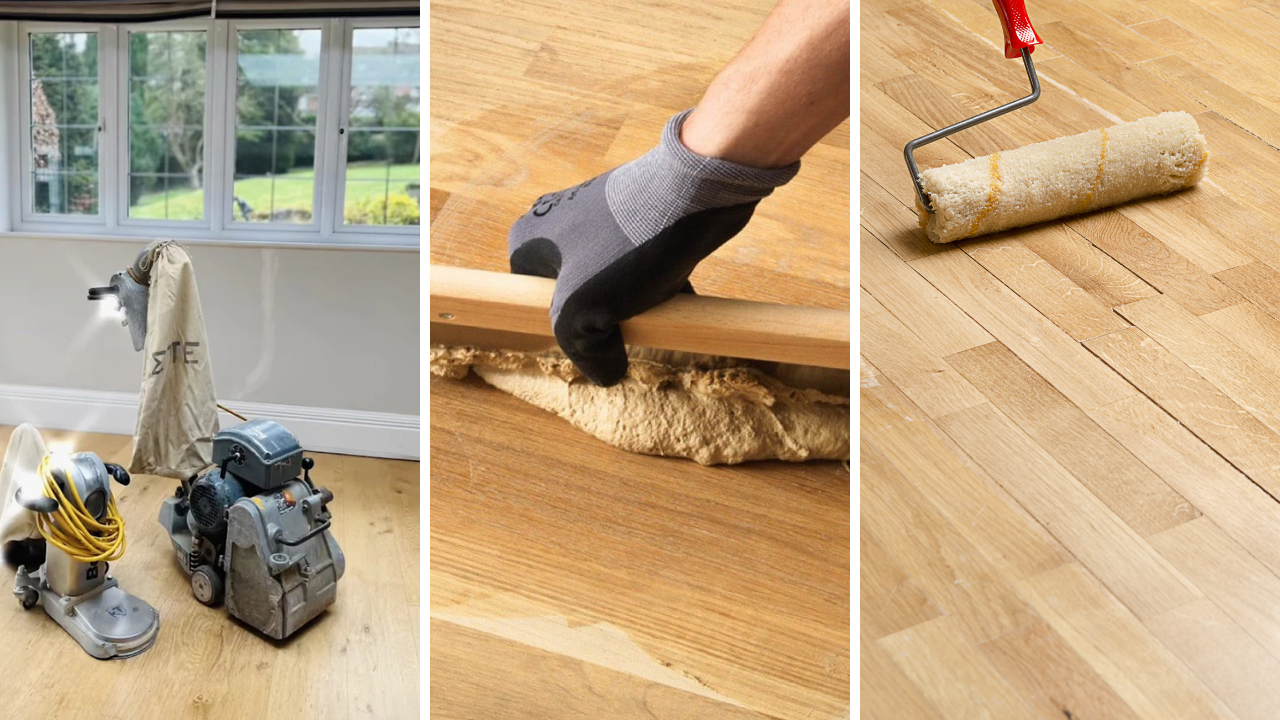 Hardwood Floor Refinishing in Upminster collage showing dust-free sanding, gap filling and roller-applied sealant on neutral oak plank and parquet hardwood floors