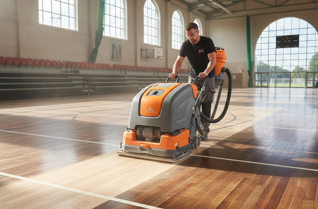 Tradesman using dust-free floor sander on a large wooden sports hall floor