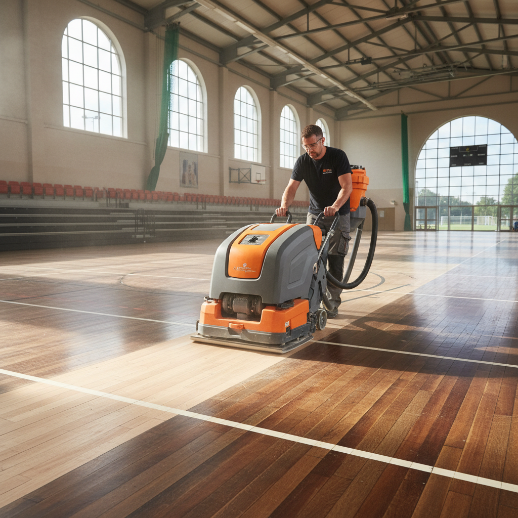 Tradesman using dust-free floor sander on a large wooden sports hall floor