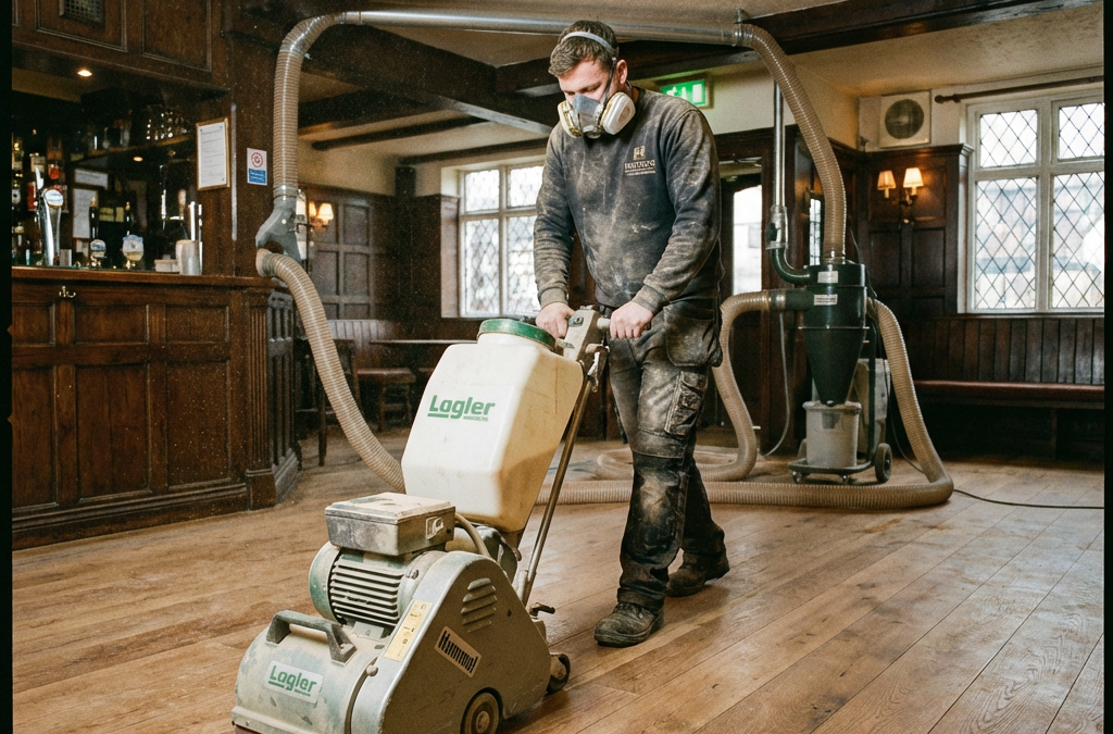 Action shot of a tradesman sanding a pub floor in Upminster using a Lagler Hummel