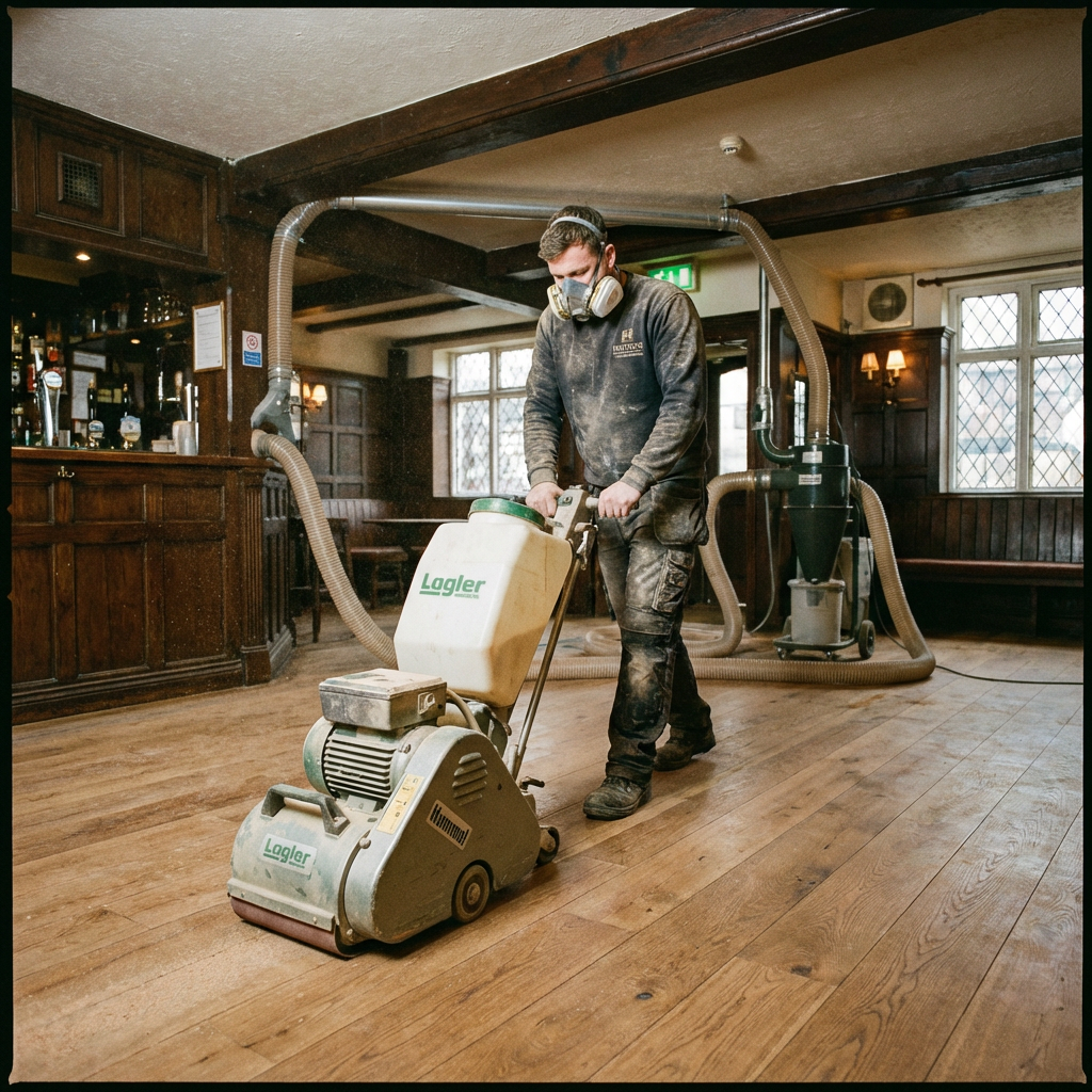 Action shot of a tradesman sanding a pub floor in Upminster using a Lagler Hummel