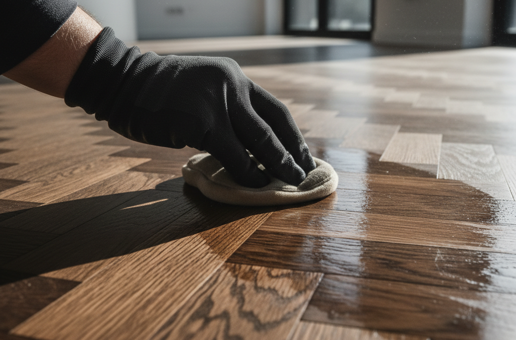 High-contrast interior design shot of hardwax oil being applied to rich oak parquet floor