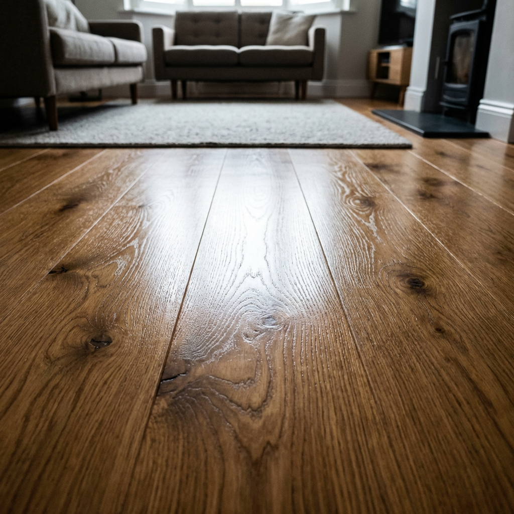 High-contrast interior shot of a professionally oiled oak floor in Upminster
