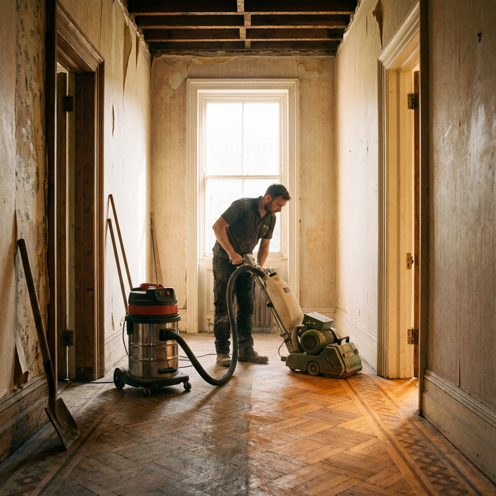 Architectural photography of Victorian parquet floor restoration in an Upminster hallway