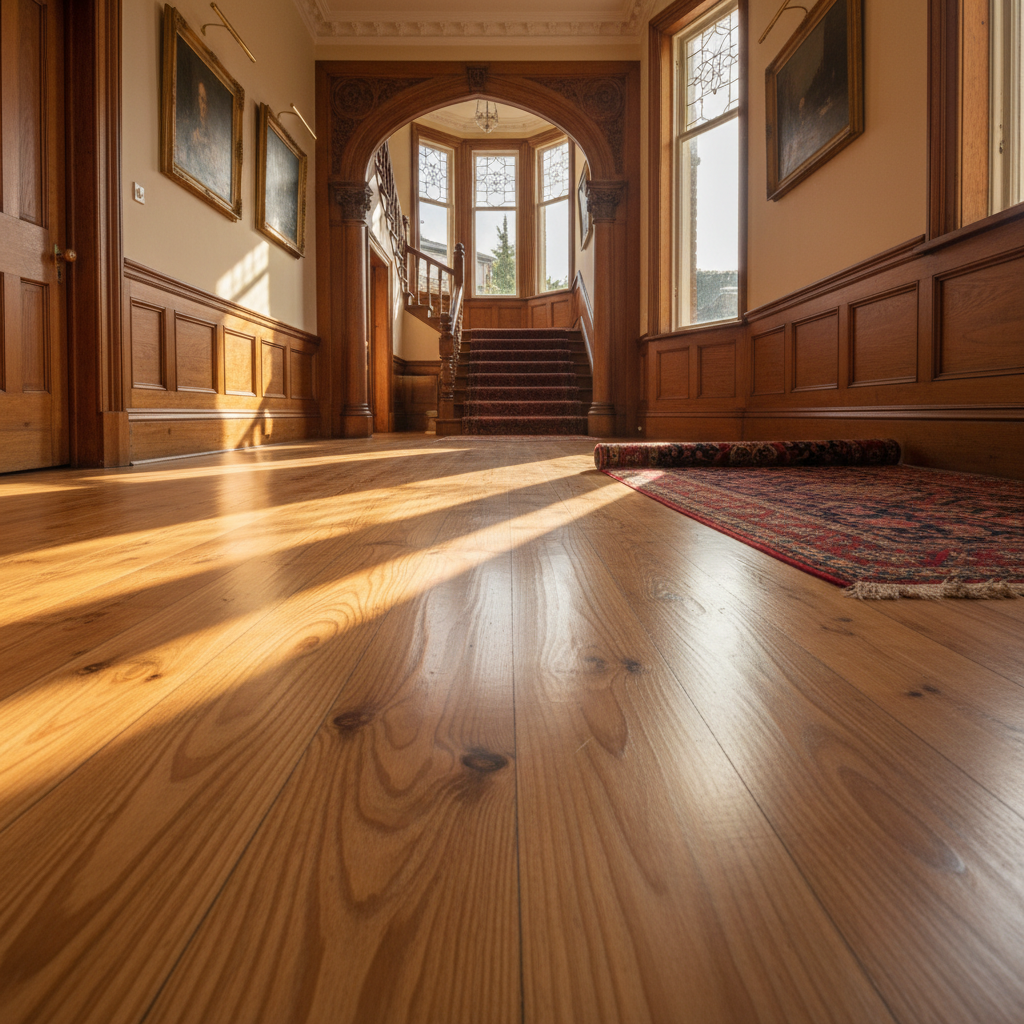 Warm architectural photography of beautifully restored Victorian pine floorboards in a hallway