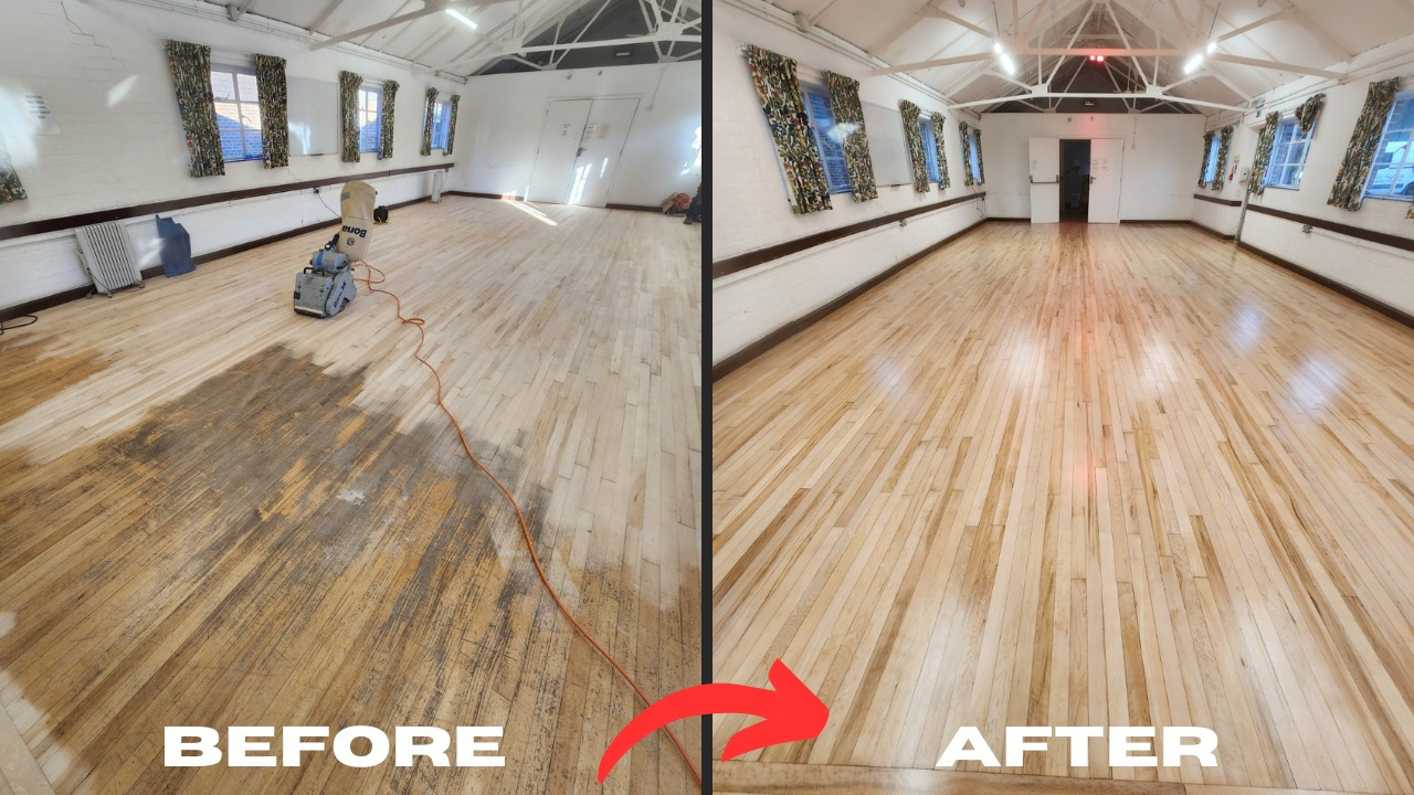 A before and after comparison of a school hall floor restoration in Upminster, RM14, showing the transition from a dark, worn timber surface to a bright, professionally sanded and lacquered finish.