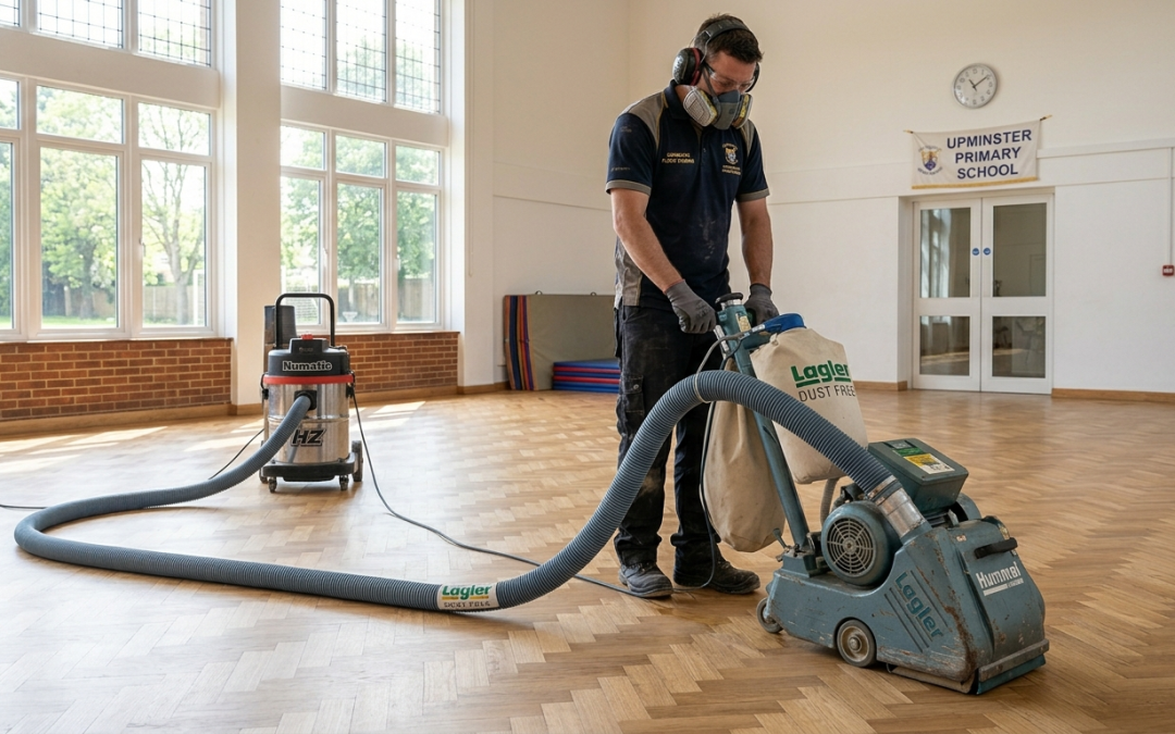 A professional school floor sanding contractor in Upminster using a Lagler Hummel machine with a dust containment system to restore a wooden parquet floor in a primary school hall.