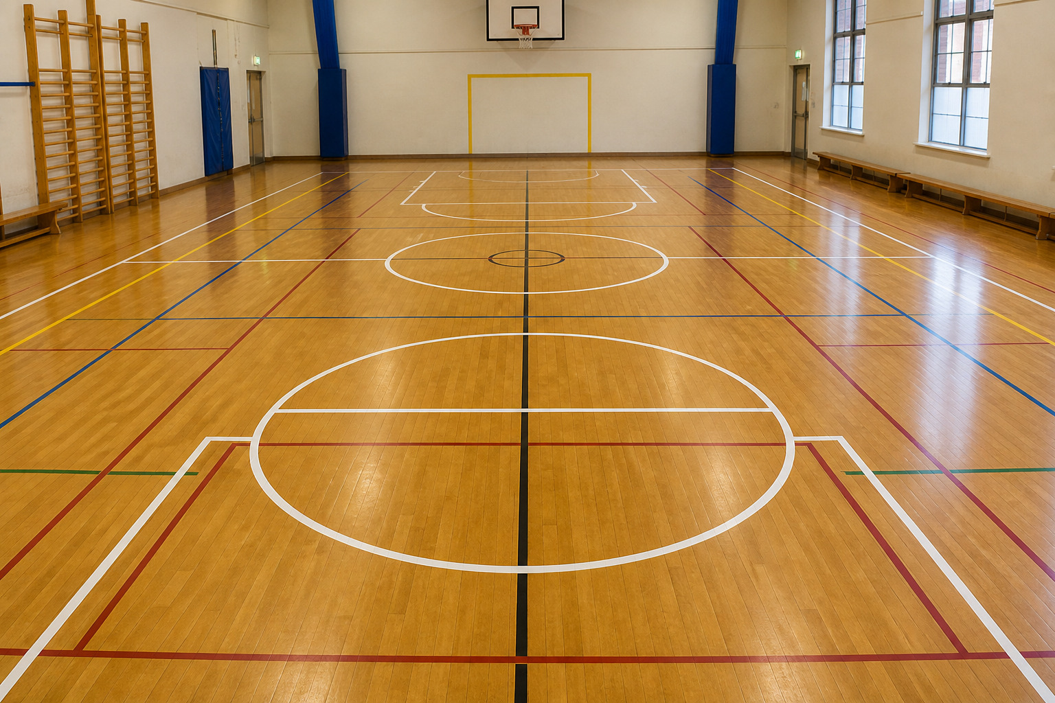 A wide view of a professionally restored and sanded wooden sports hall floor in an Upminster school (RM14), featuring crisp multi-sport court markings, a basketball hoop, and gym wall bars.